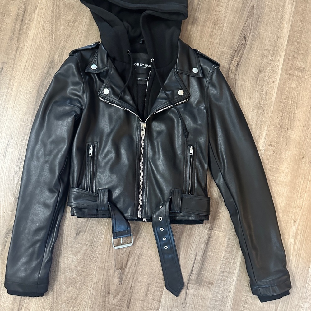 Obey Black Faux Leather Jacket with Belted Design